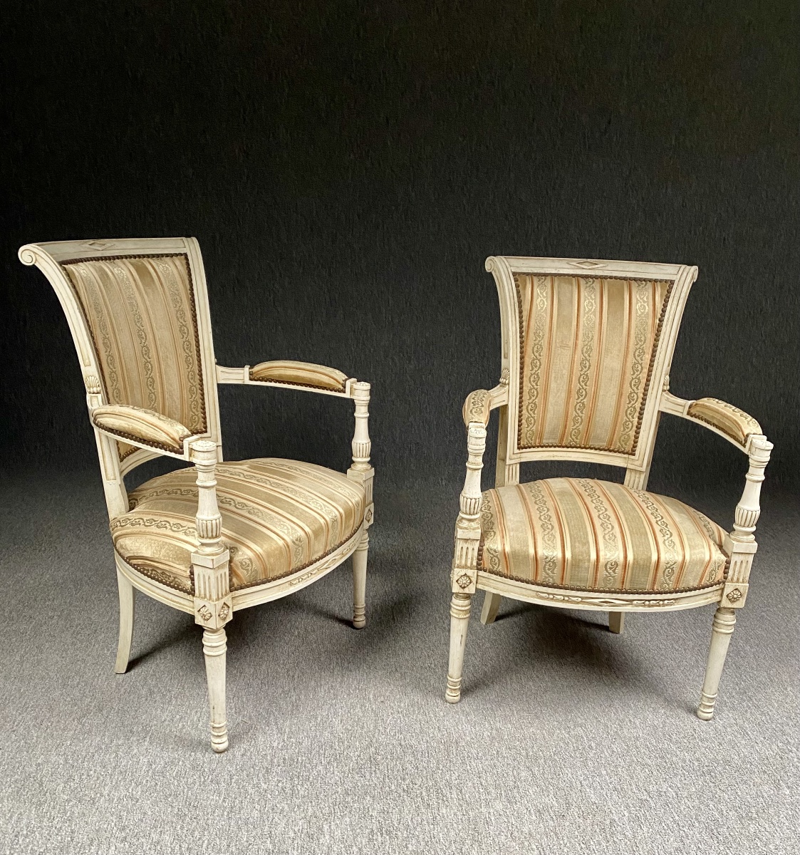 Pair Of Directoire-style Armchairs In White Patina And Silk Velvet 