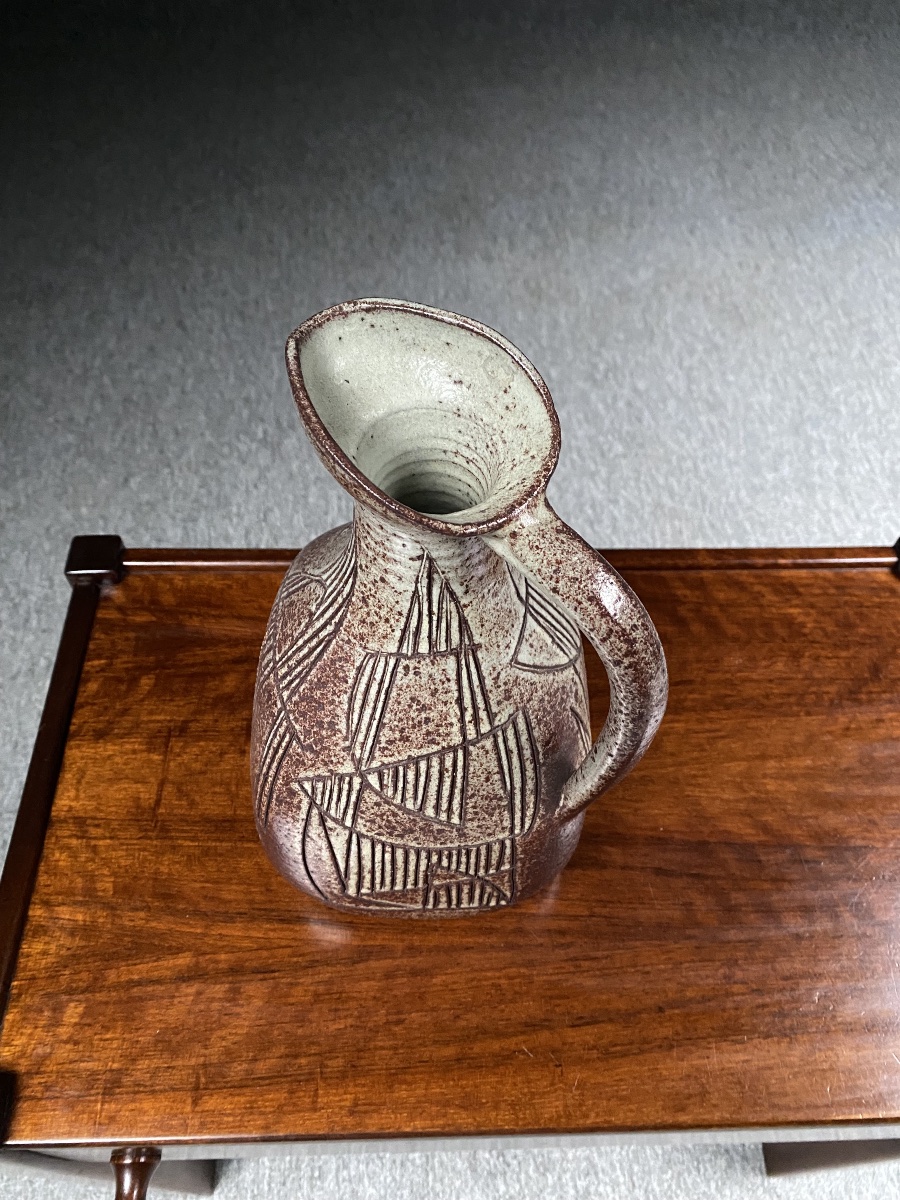 Large Accolay Ceramic Pitcher With Geometric Incised Design—in Perfect Condition-photo-1