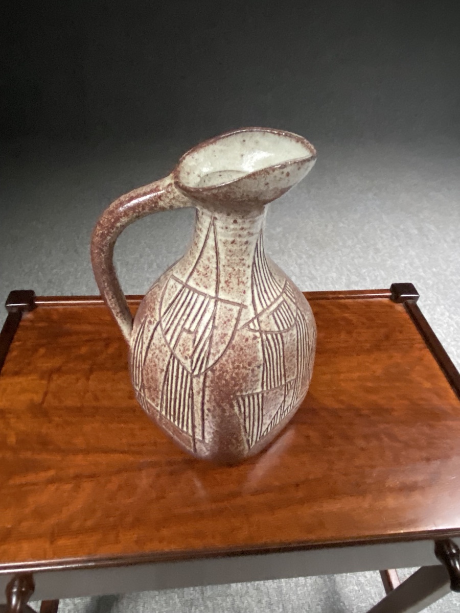 Large Accolay Ceramic Pitcher With Geometric Incised Design—in Perfect Condition-photo-2