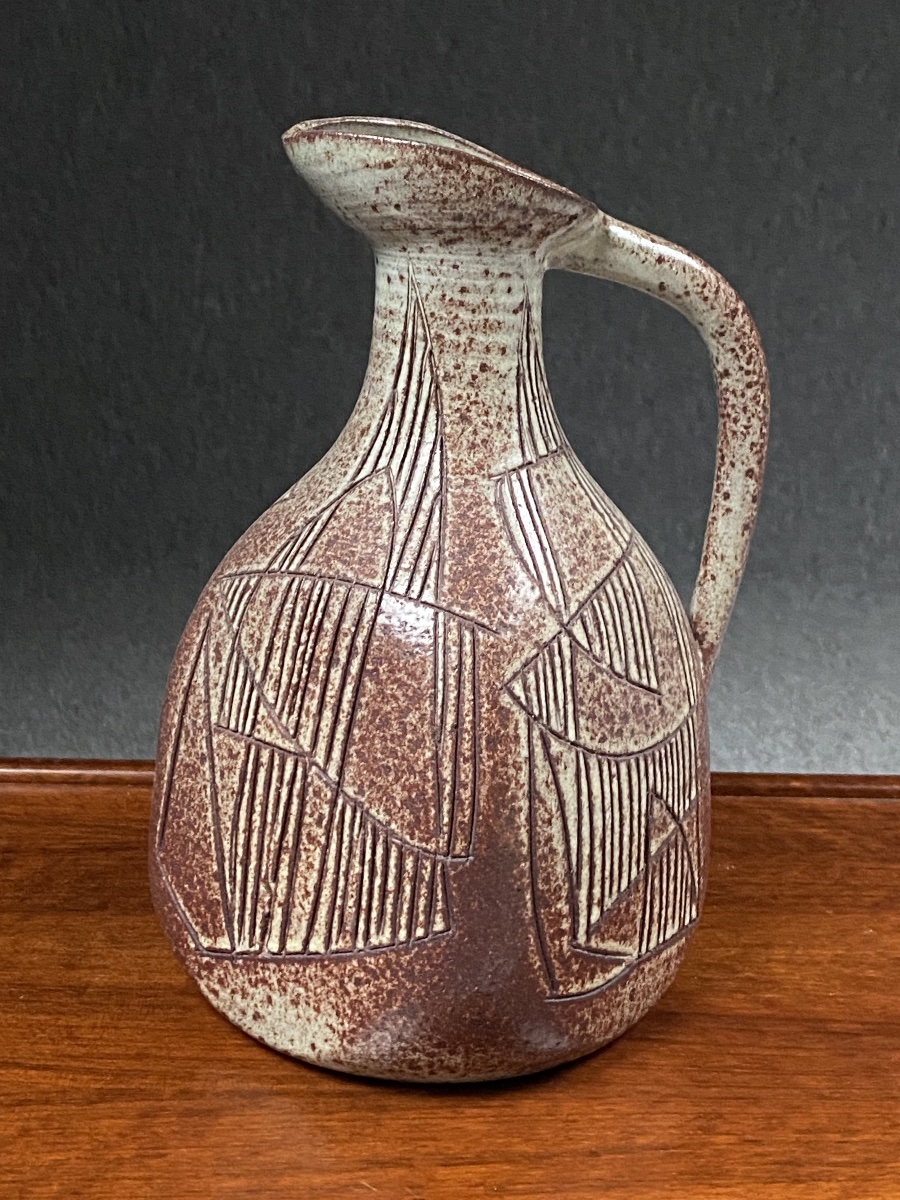 Large Accolay Ceramic Pitcher With Geometric Incised Design—in Perfect Condition