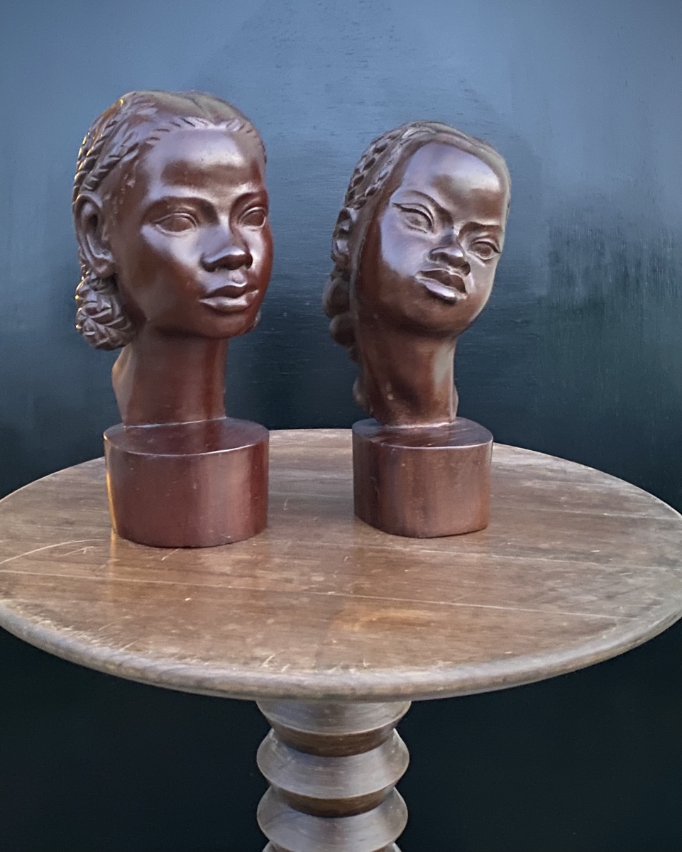 Albert Ranaivoson 1958 Paire bustes jeunes filles malgaches sculptures bois exotique Art Deco -photo-2