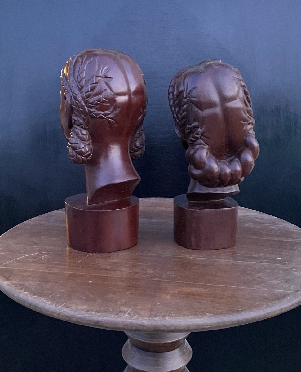 Albert Ranaivoson 1958 Paire bustes jeunes filles malgaches sculptures bois exotique Art Deco -photo-4