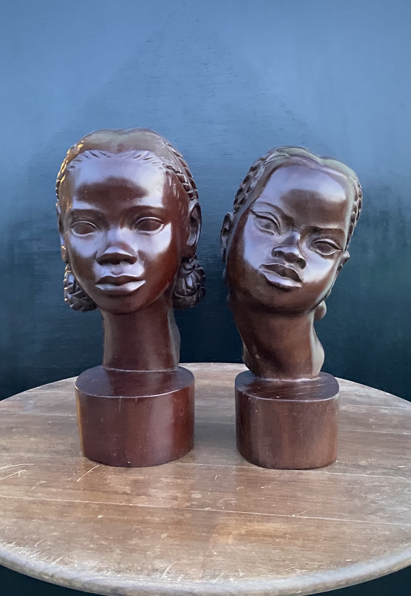 Albert Ranaivoson 1958 Paire bustes jeunes filles malgaches sculptures bois exotique Art Deco -photo-2