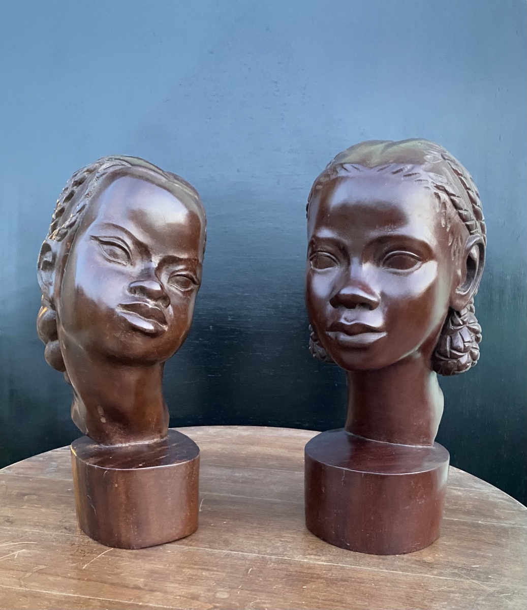 Albert Ranaivoson 1958 Paire bustes jeunes filles malgaches sculptures bois exotique Art Deco -photo-6