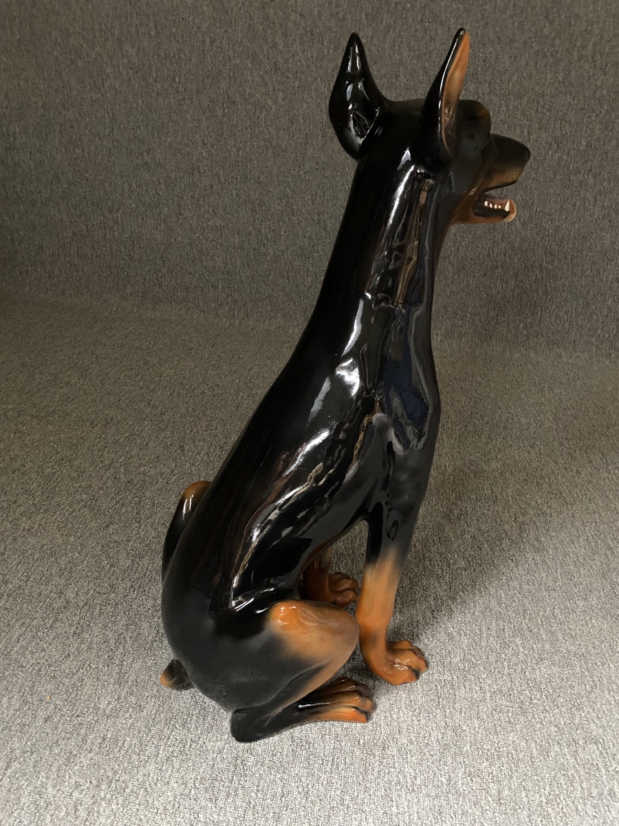 Large Art Deco Glazed Ceramic Doberman, Circa 1970 - 76 Cm-photo-3