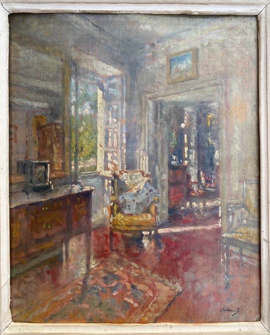 Paul URTIN (1874-1962)  Scène d’Intérieur de salon  Huile sur panneau-photo-3