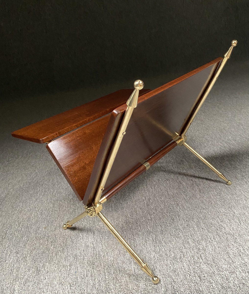 Mahogany And Solid Brass Magazine Rack By Raphaël Raffel, Circa 1950 -photo-3