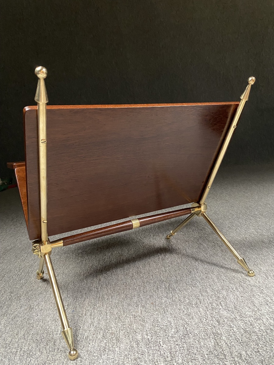 Mahogany And Solid Brass Magazine Rack By Raphaël Raffel, Circa 1950 -photo-4
