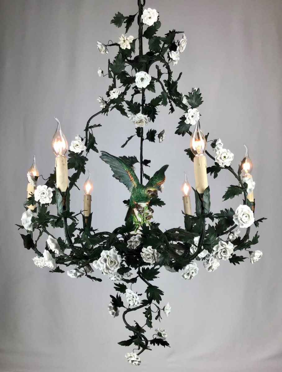 1930 Large Old Chandelier Parrot Bird And Porcelain Flowers Green Lacquered Metal Structure