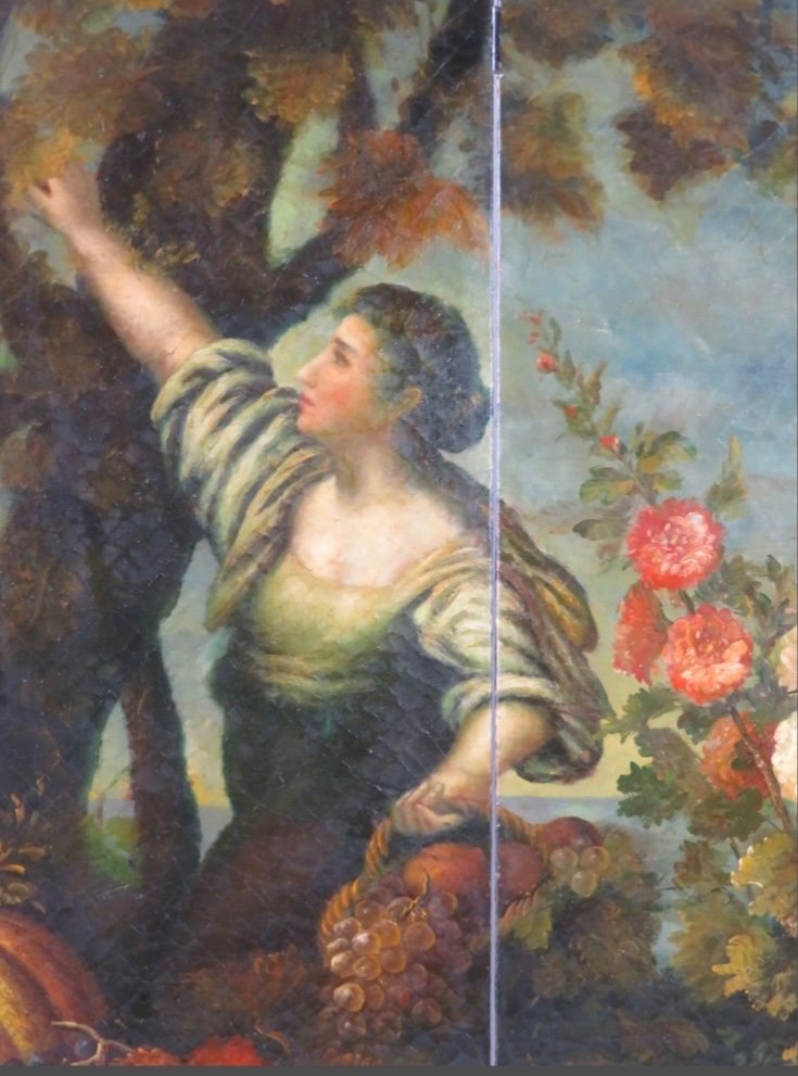 Large Screen Painted Woman In A Garden 20th Century-photo-2