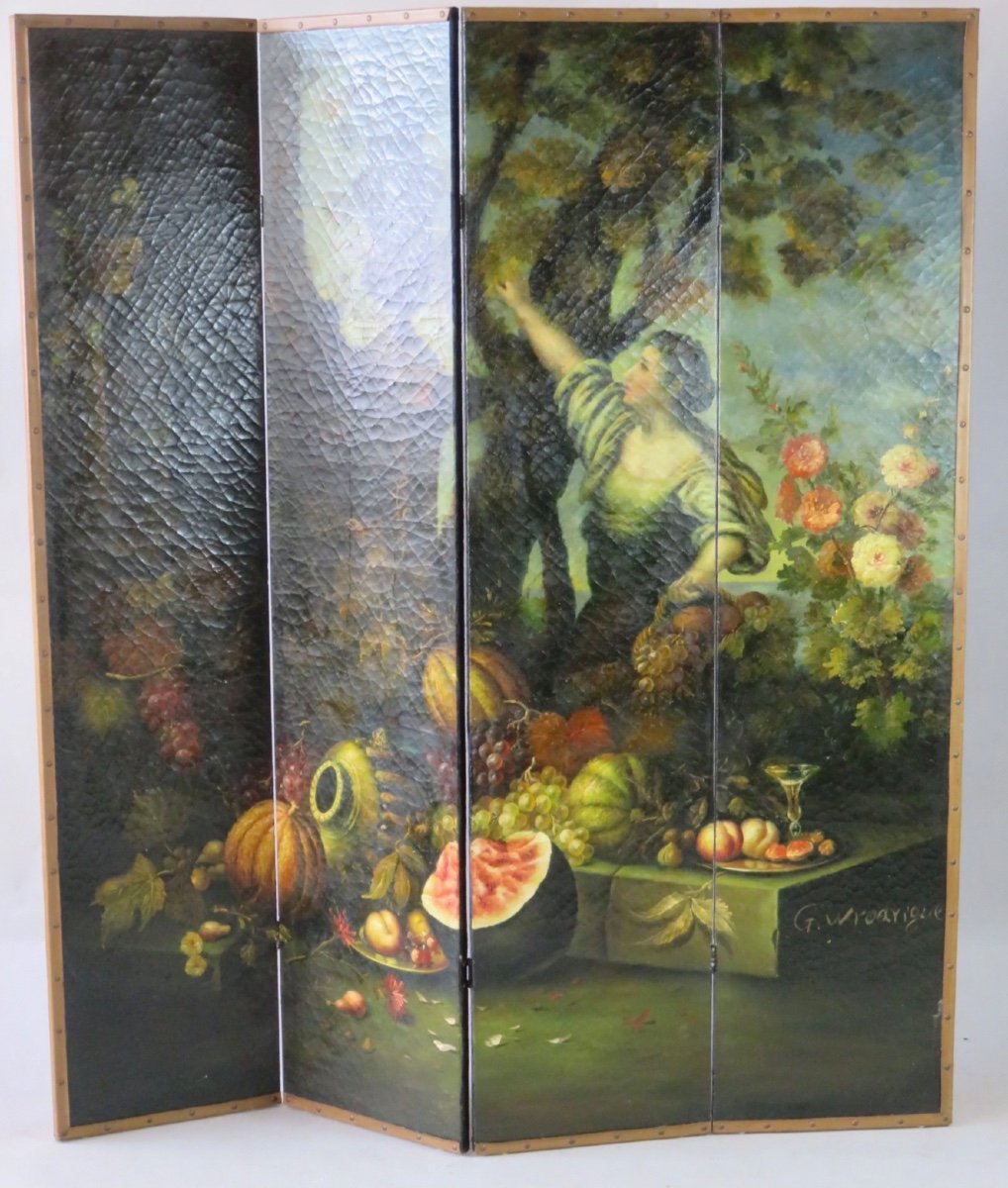 Large Screen Painted Woman In A Garden 20th Century