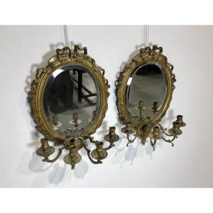 Deux Appliques Louis XVI Bronze Et Miroirs 4 Bras De Lumière 19eme Siècle