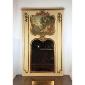 Trumeau Louis XV Romantic Painting And Mirror On Woodwork Rechampie Cream And Gold