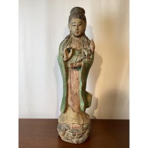 Statue Divinité En Bois Polychrome 89cm Chine XIXeme Siècle