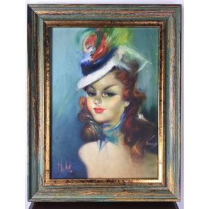 Charmant Portrait  Dans Le Goût De Domergue Femme élégante huile sur toile vers 1940 1950