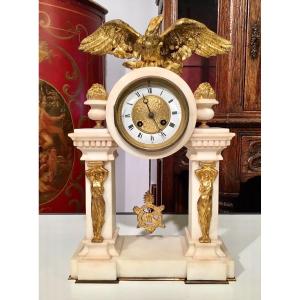 Empire Portico Clock In White Marble And Gilded Bronzes Topped With An Eagle