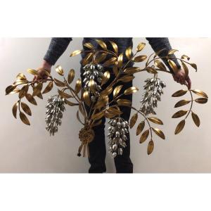Hans Kogl Very Large Vintage Wall Lamp In Gold Metal And Silver Flowers 4 Lights 1960