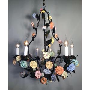 Chandelier With Large Multicolored Porcelain Flowers With 6 Lights, Dark Green Metal Structure