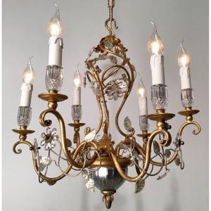 Bancy Firenze Italian Chandelier 1950 Crystal And Gold Metal With 6 Arms Of Light 