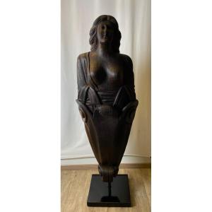 Figure De Proue de navire En Bois Sculpt&eacute; Sur Socle En Bois Laqu&eacute;