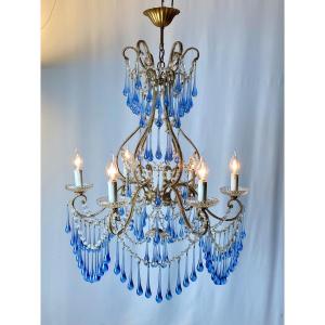 Louis XV Italian Banci Firenze Cage Chandelier Murano Blue And Gold Metal