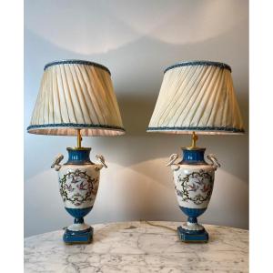 Pair Of Celestial Blue And White Porcelain Lamps Decorated With Birds And Flowers