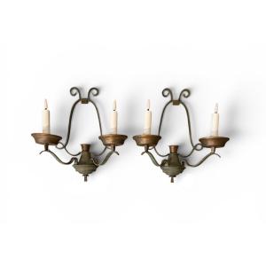 Raymond Subes Pair Of Large Art Deco Wrought Iron Wall Lights 1935/1940 Lacquered Green Gold