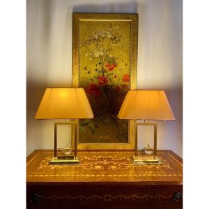 Paire de lampes en verre et laiton Le Dauphin design années 1970 