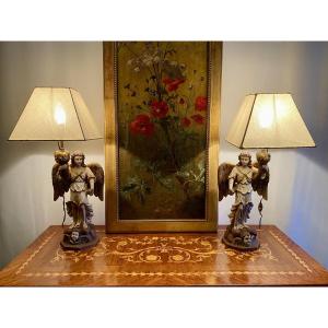 Paire de lampes italiennes anges polychromes milieu XXeme de style 17eme