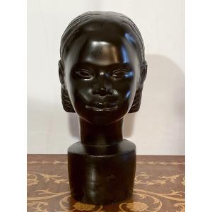 Sculpture Dated 1957 And Signed Head Of A Young Malagasy Girl Madagascar Primitive Arts 