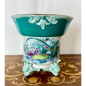 Cache pot polychrome 19eme U&amp;C Sarreguemines mod&egrave;le N&eacute;nuphar 