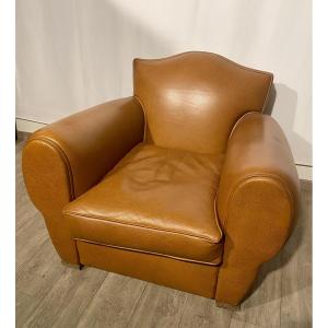 Fauteuil club 1930 1940 Art Déco en cuir couleur camel 