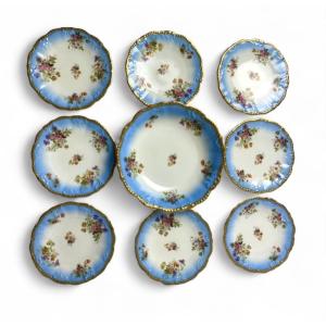 Golse Limoges Service à dessert à décor floral plat et 8 assiettes 