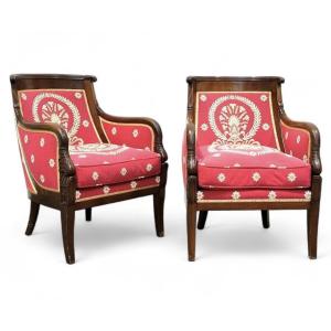 Pair Of Empire Gondola-shaped Mahogany Armchairs, 19th Century