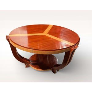 Large Round Art Deco Coffee Table With Two Shelves In Exotic Wood And Curly Maple