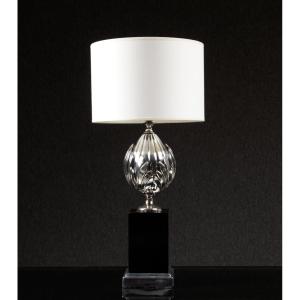 1970s Chrome-plated Metal And Lacquered Wood Lamp By Jansen Charles Le Dauphin, Art Deco