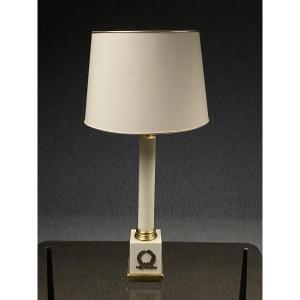Neoclassical Empire-style Table Lamp In White Lacquered Wood And Brass By Maison Le Dauphin, Circa 1970