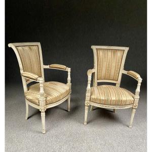 Pair Of Directoire-style Armchairs In White Patina And Silk Velvet