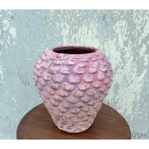 Pigna Sicile Poterie cache-pot vase terre cuite décor d'écailles de pigne de pin Italie XXème