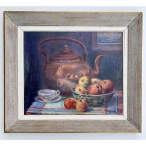 Marie-louise Daveau (20th Century) - Still Life With A Copper Kettle And Apples, Mid-20th Century