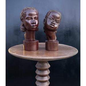 Albert Ranaivoson 1958 Paire de bustes de jeunes filles malgaches sculptures en bois exotique