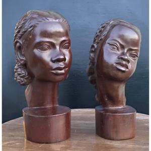 Albert Ranaivoson 1958 Paire bustes jeunes filles malgaches sculptures Art Deco Madagascar