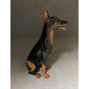 Large Art Deco Glazed Ceramic Doberman, Circa 1970 - 76 Cm