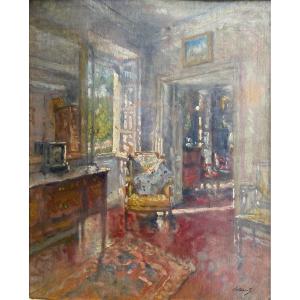 Paul URTIN (1874-1962) Scène d’Intérieur de salon Huile sur panneau