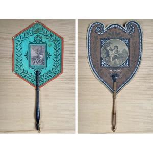 Pair Of Double-sided Handheld Screens Made Of Cardboard And Turned Wood; Empire And Restoration Periods, 19th Century