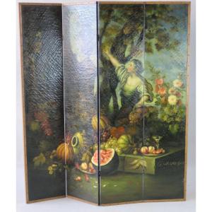 Large Old Screen Painted Woman In A Garden