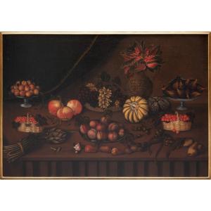 Still Life With Fruits, Vegetables And Vase With Flowers On A Stone Shelf