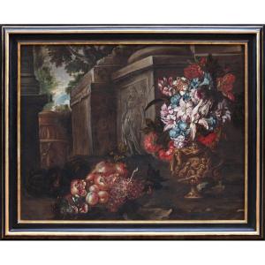 Still Life With Vase Of Flowers, Fruits And Architectural Ruins