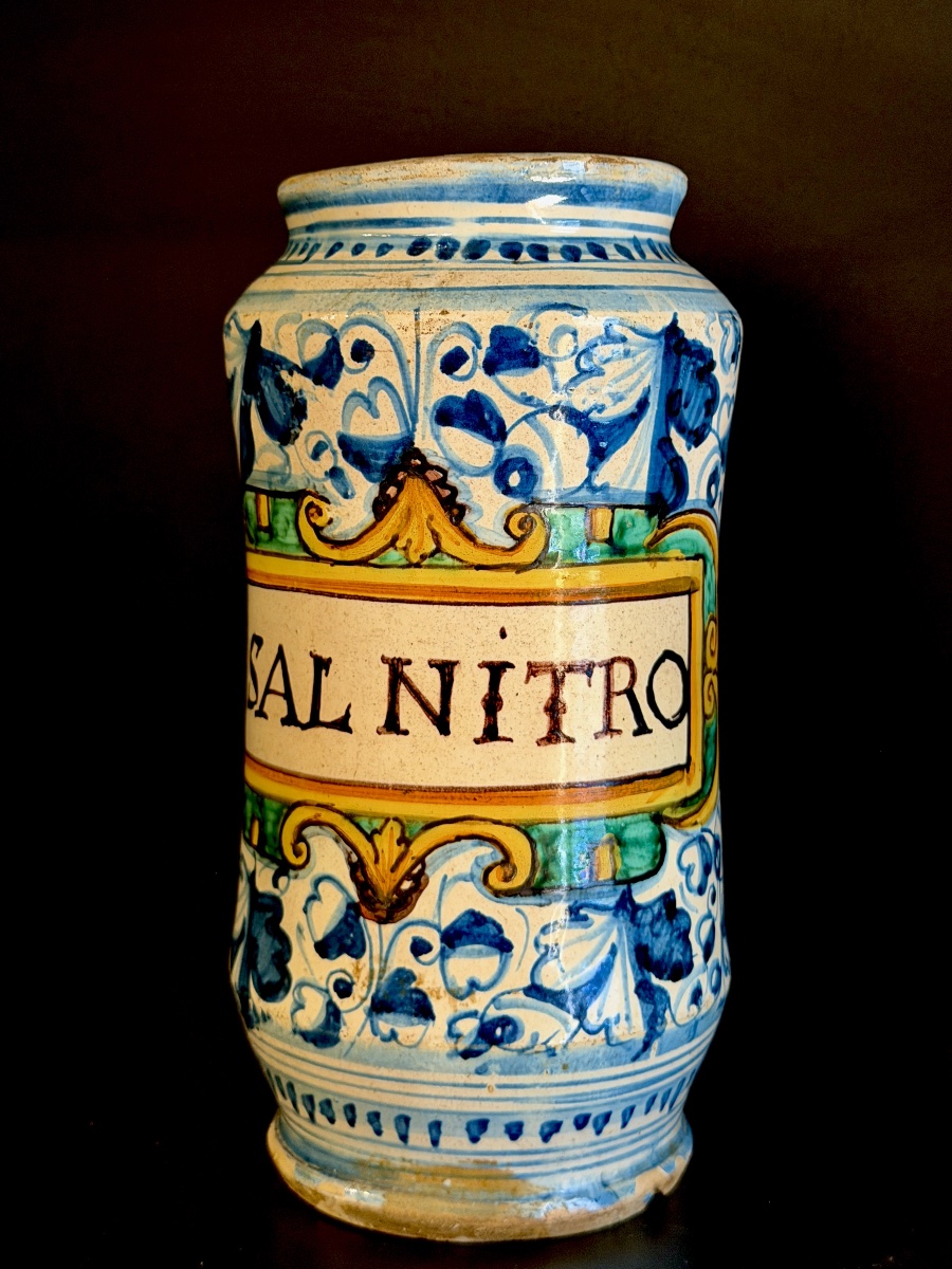 Polychrome Majolica Pharmacy Jar Marked “sal Nitro,” Central Italy, 16th Century