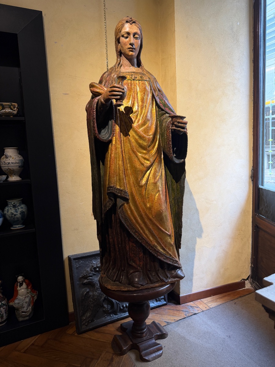 Grande sculpture siennoise en bois polychrome représentant une figure biblique féminine, 1500-photo-2